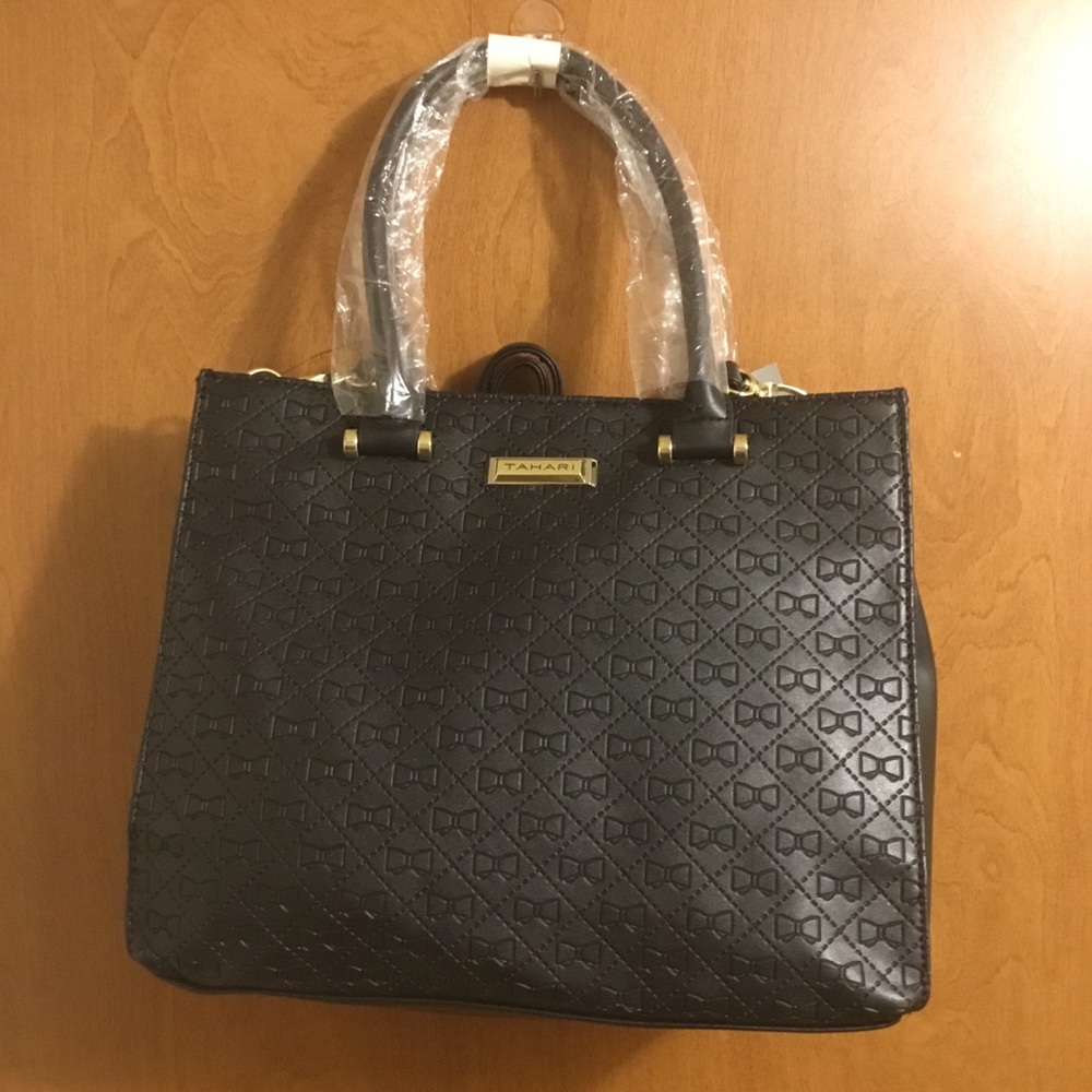Tahari Black and gold Embossed monogram Tote Bag